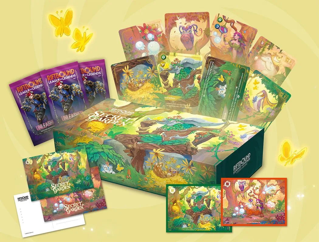 Riftbound Secret Garden product contents Riftbound Secret Garden product box with Unleashed boosters, alternate art cards, tokens, sleeves and postcards