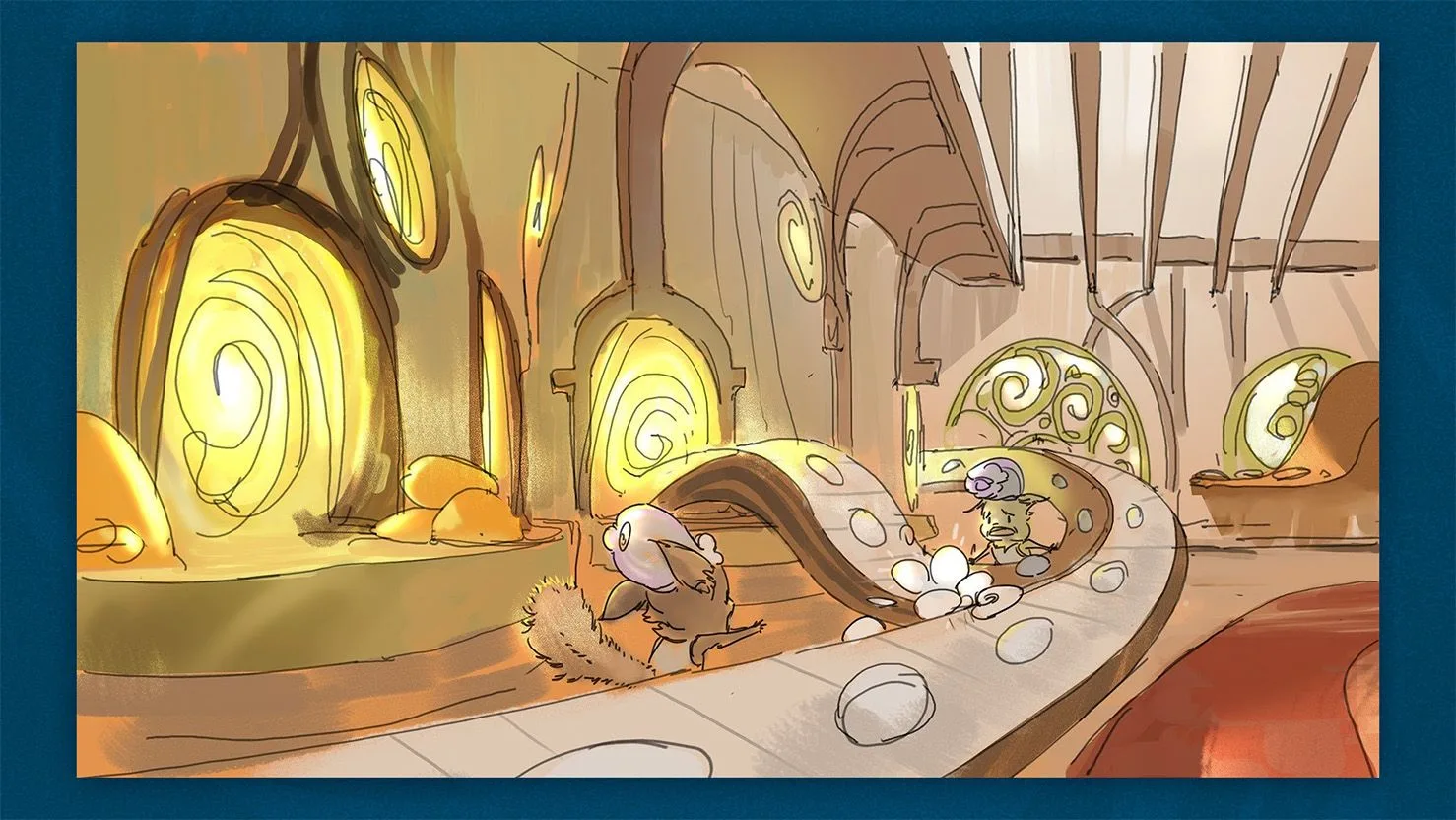 Riftbound Set 8 magical Bandle City interior concept Riftbound Set 8 Bandle City magical interior concept art with small characters and round doorways