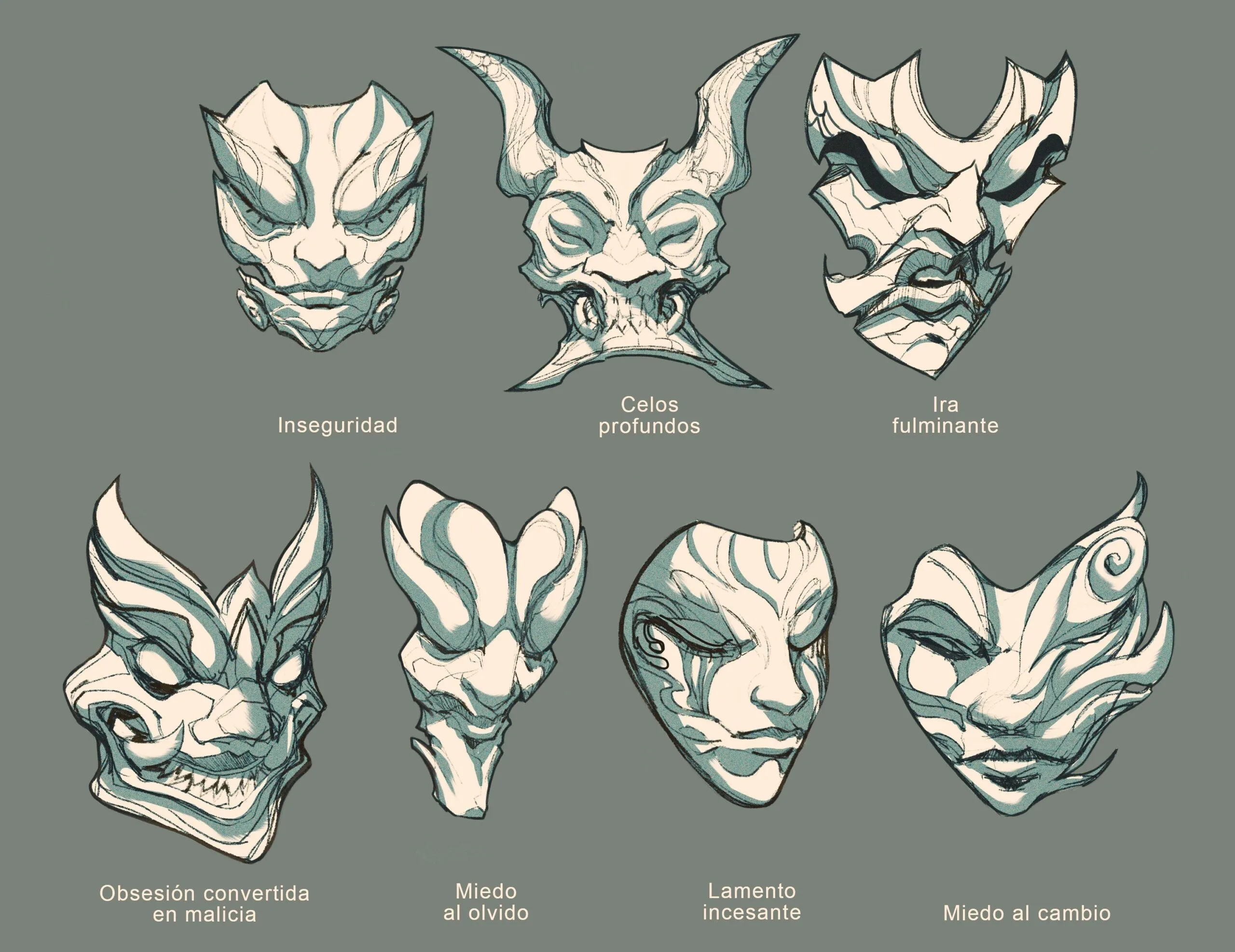 Yone's Azakana masks Yone's Azakana masks showing sealed lesser demons tied to specific emotions