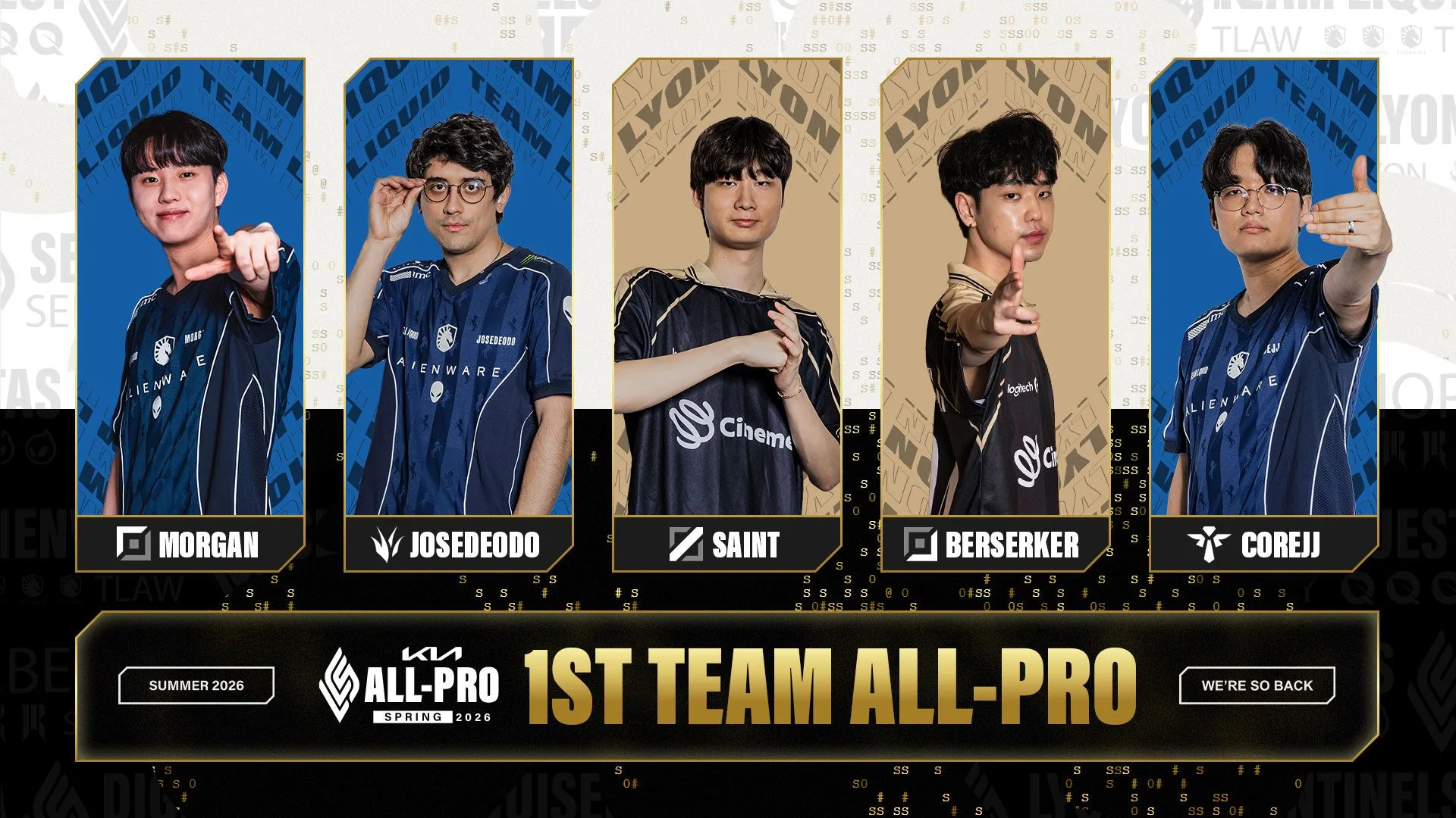 2026 LCS Summer first-team All-Pro selections Morgan, Josedeodo, Saint, Berserker and CoreJJ shown in the official LCS first-team All-Pro graphic