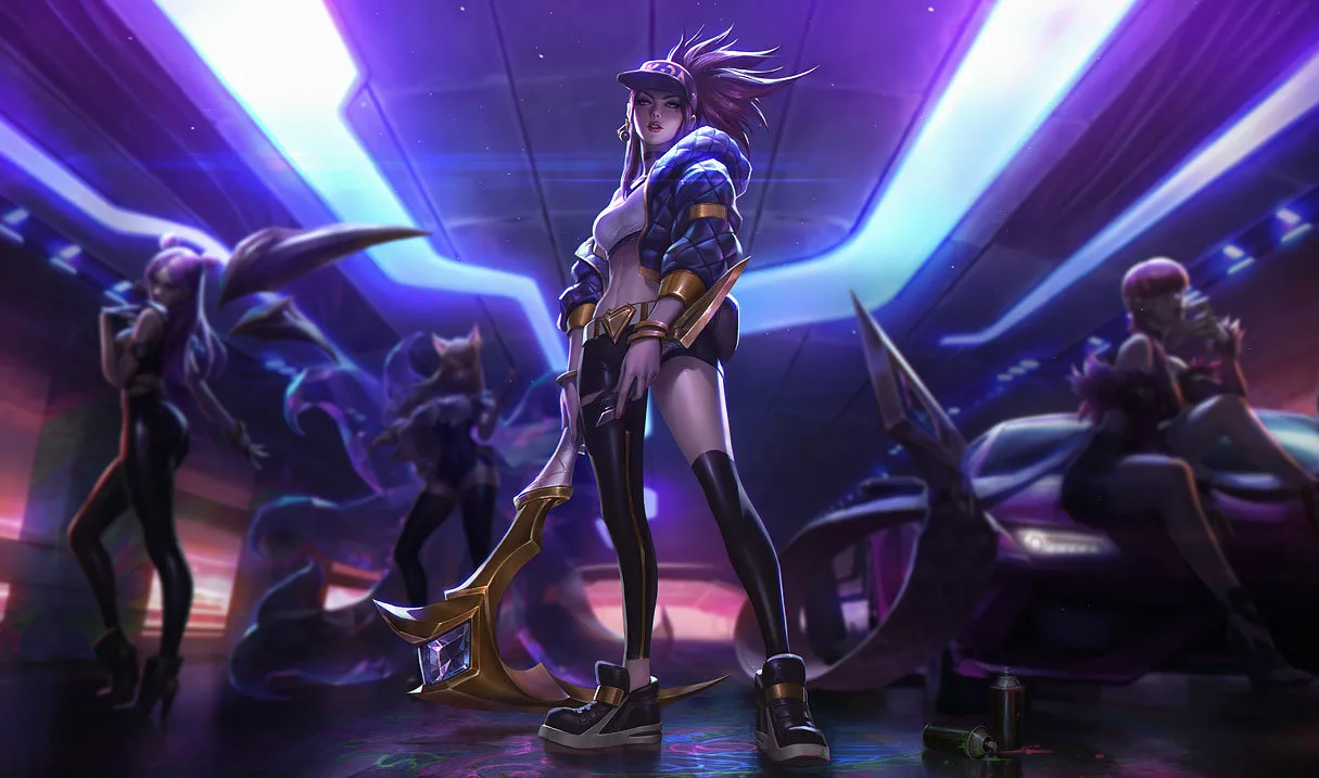 K/DA Akali splash art showing Akali in her original POP/STARS outfit