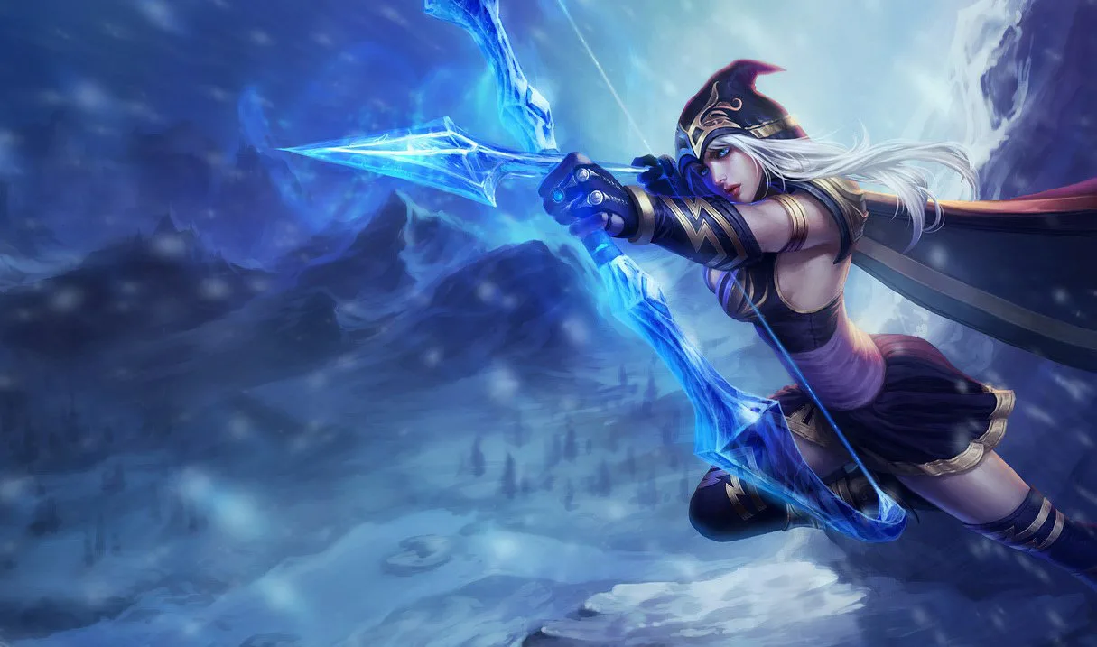 Ashe drawing a glowing ice bow in a frozen battlefield Ashe drawing a glowing ice bow in a frozen battlefield