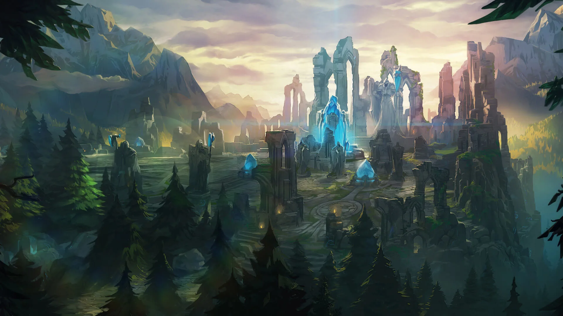 Summoner’s Rift concept art Summoner’s Rift concept art showing mountains, ruins, trees, and glowing blue crystals