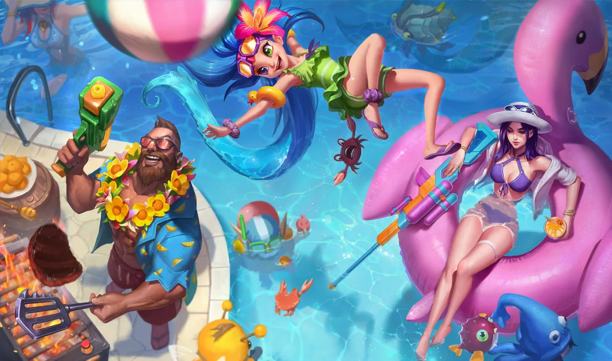 Pool Party Caitlyn splash art showing Caitlyn relaxing poolside with a water rifle