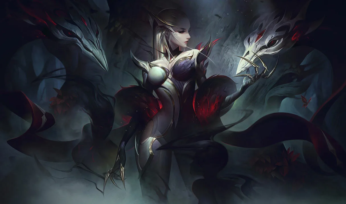 Coven Evelynn Coven Evelynn splash art showing Evelynn as a Legendary Coven skin with dark ritual magic