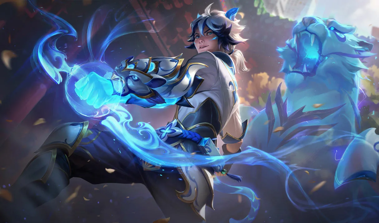 Porcelain Ezreal casting blue magic beside a spectral companion Porcelain Ezreal casting blue magic beside a spectral companion