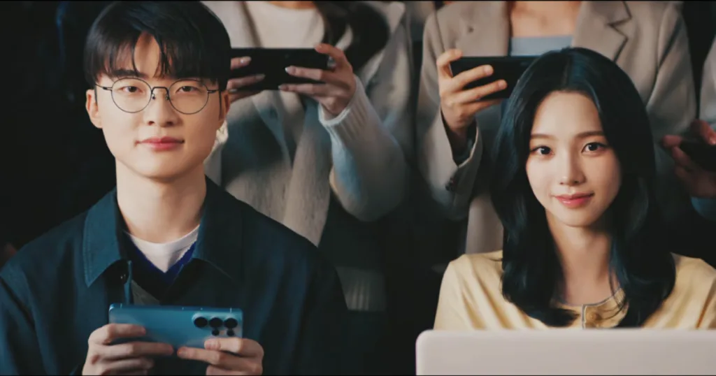 Faker sitting beside of Karina holding hos phone in the Google Play Ad collaboration Faker sitting beside of Karina holding hos phone in the Google Play Ad collaboration