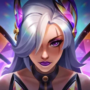 Prestige Faerie Court Katarina icon Prestige Faerie Court Katarina summoner icon showing her white hair, violet makeup, and jeweled fae crown