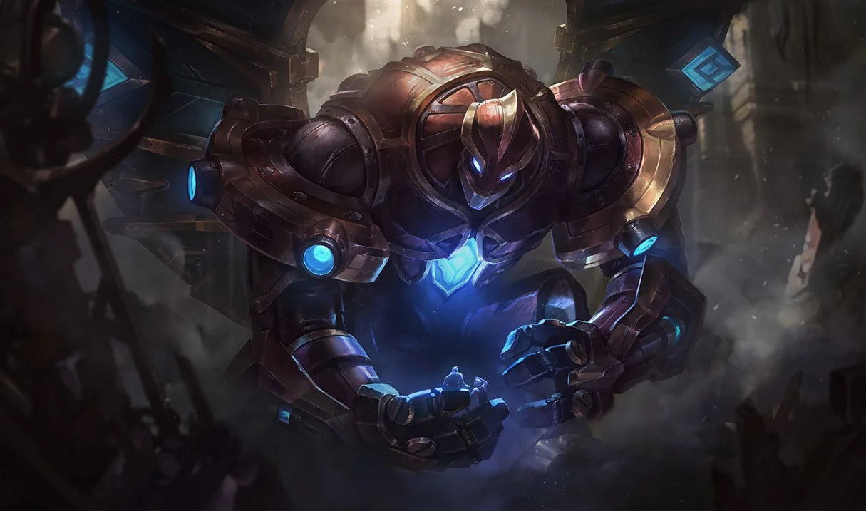 Hextech Galio Hextech Galio splash art showing an enormous armored mechanical golem with a glowing blue energy core