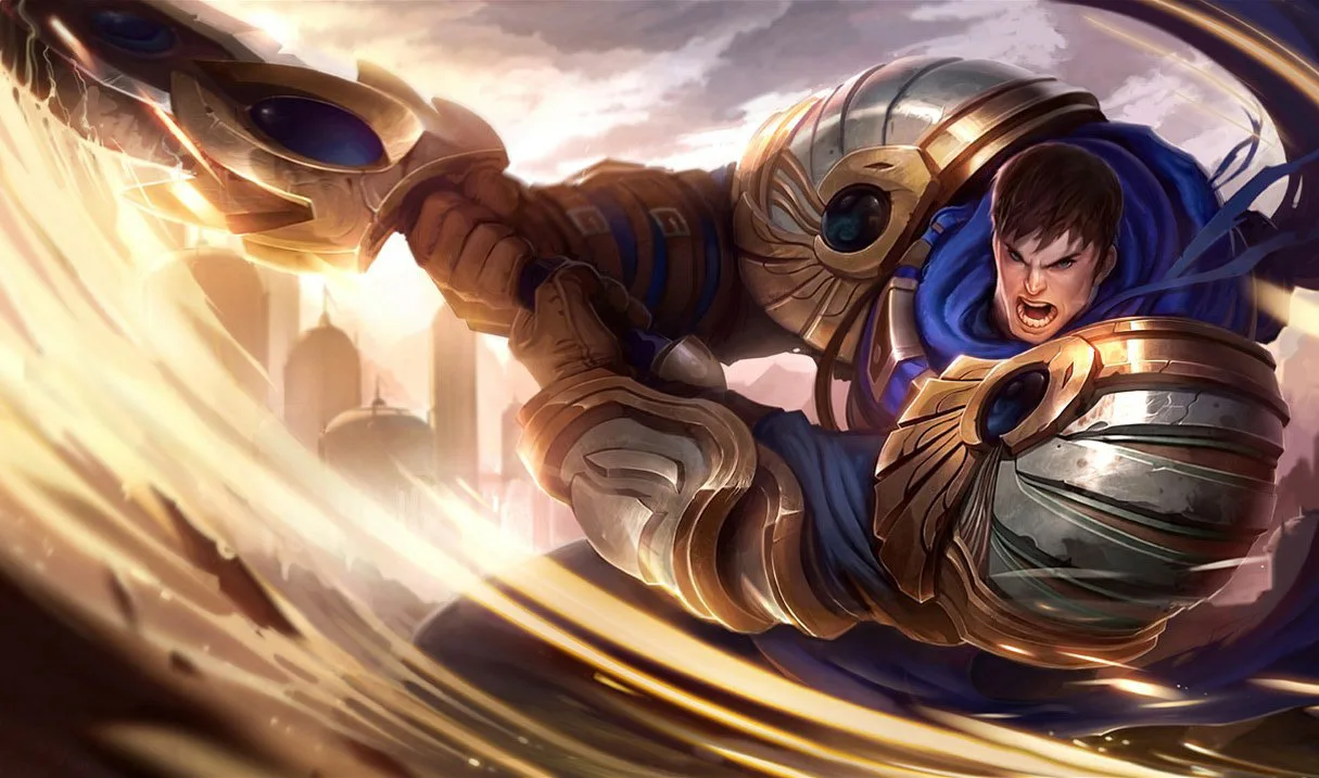 Garen swinging a massive sword in golden armor Garen swinging a massive sword in golden armor