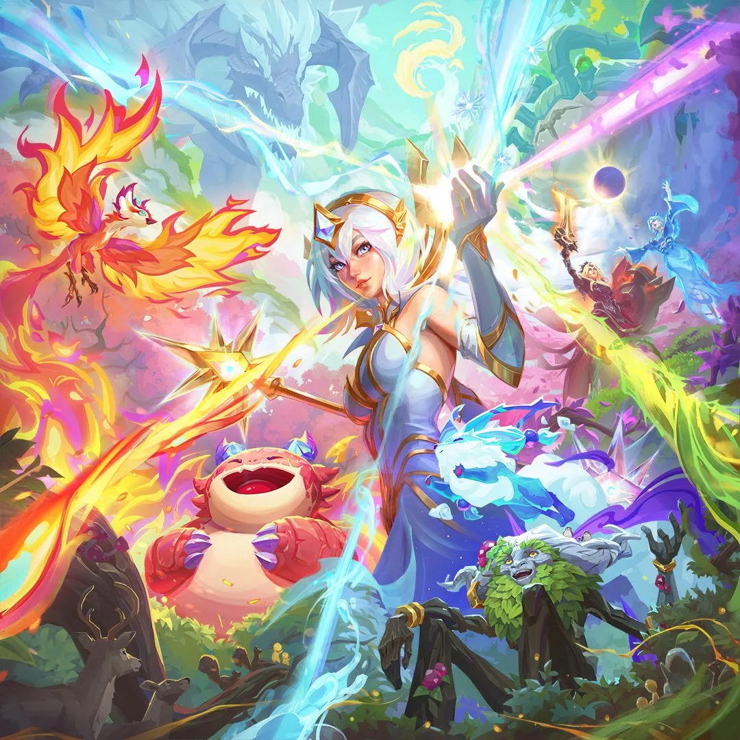 TFT Set 18 Enchanted Wilds artwork featuring champions and magical creatures from the forest-themed set
