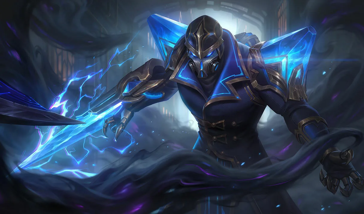 Hextech Kassadin Hextech Kassadin splash art showing Kassadin integrated with mechanical armor powered by blue crystalline energy