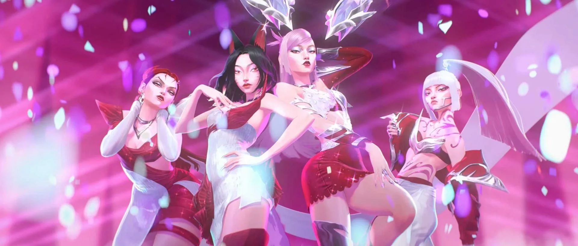 K/DA FIRESTARTER four-member lineup Ahri, Akali, Evelynn and Kai'Sa posing together in coordinated red white and pink performance outfits during the FIRESTARTER animated music video