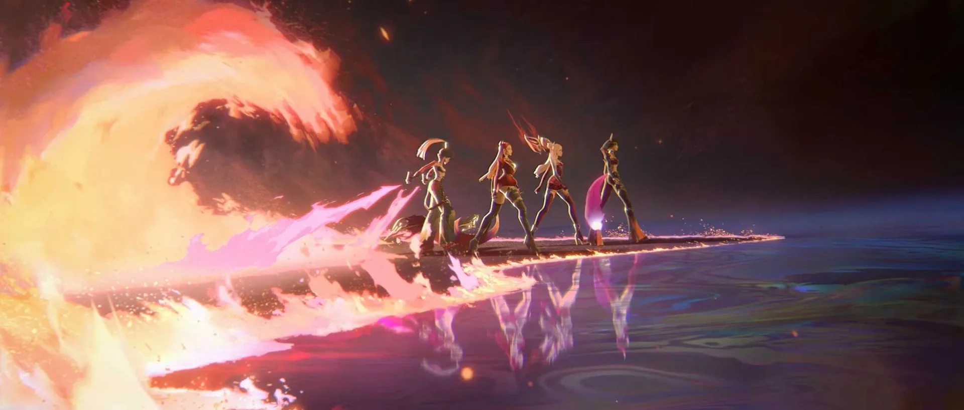 K/DA FIRESTARTER animated music video scene The four K/DA members walking across a reflective surface with a massive swirling wave of orange fire behind them in the FIRESTARTER animated music video