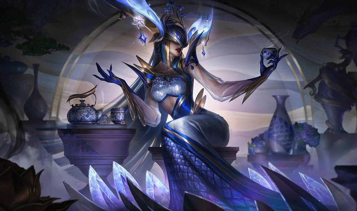 Mythic Shop Prestige skin Prestige Porcelain Lissandra splash art representing a Prestige skin released through Mythic Essence