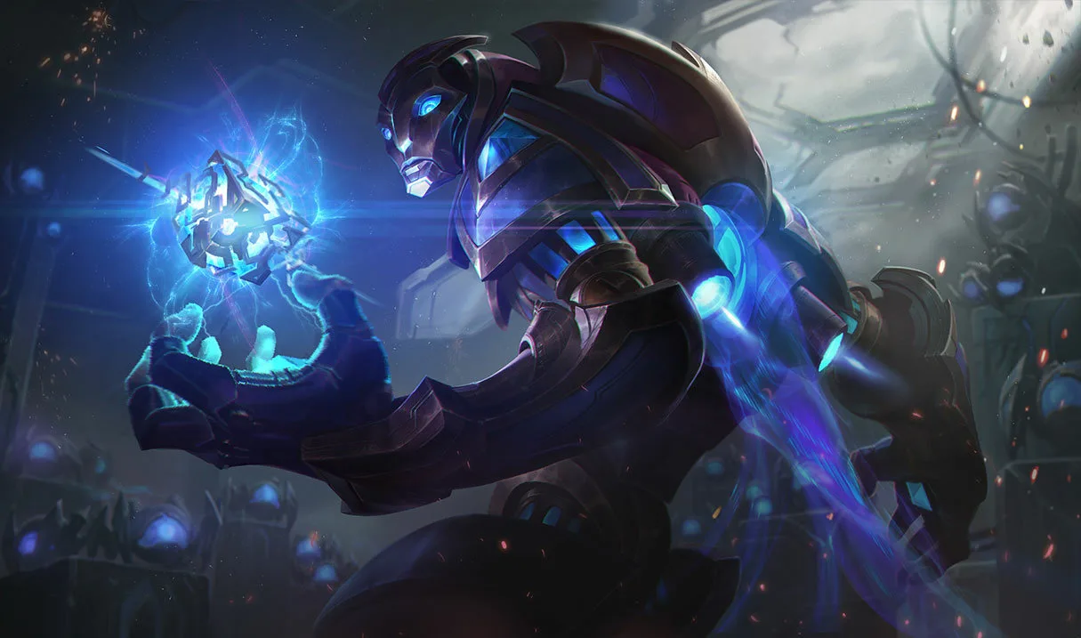 Hextech Malzahar Hextech Malzahar splash art showing Malzahar in glowing blue mechanical armor holding a magical energy construct