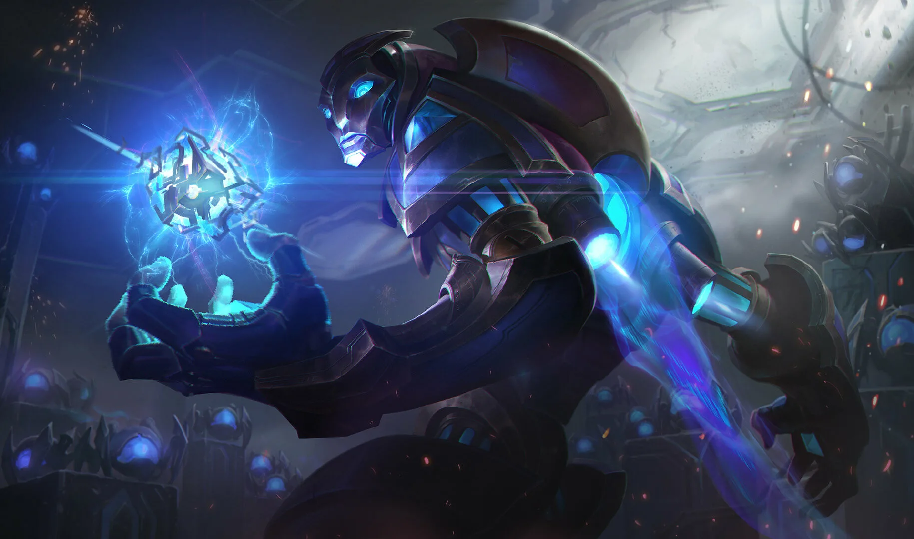 Hextech Malzahar splash concept Hextech Malzahar splash art concept exploring futuristic mechanical armor and magical crystal energy