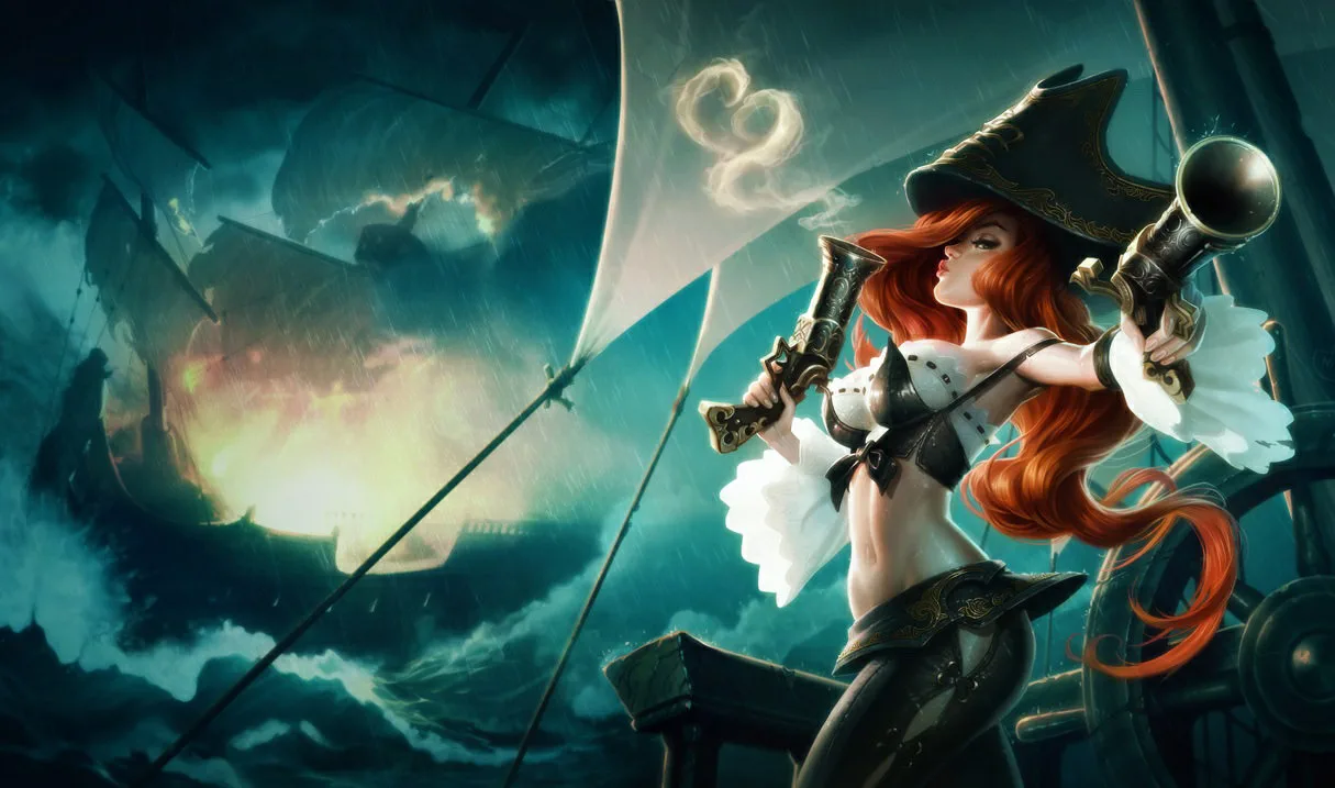 Miss Fortune holding pistols on a stormy ship deck Miss Fortune holding pistols on a stormy ship deck