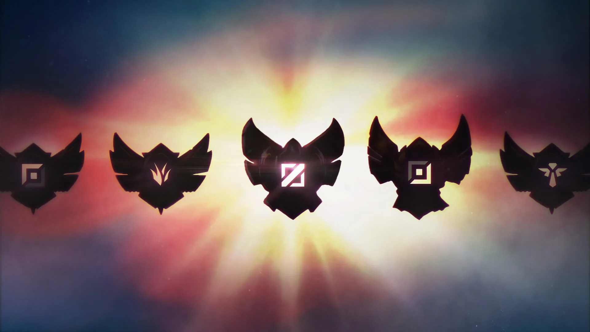 League ranked role emblems Five League of Legends ranked role emblems silhouetted against a bright orange and blue background