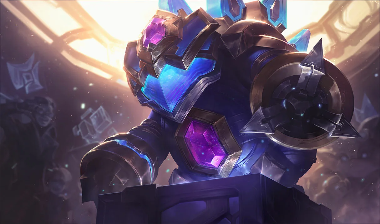 Hextech Rammus Hextech Rammus splash art showing an armored mechanical armadillo with large blue and violet crystals