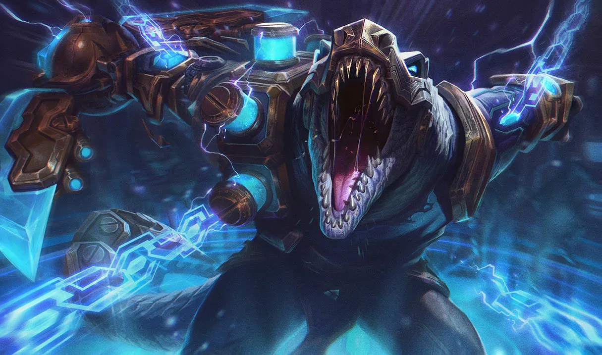 Hextech Renekton Hextech Renekton splash art showing Renekton as a fearsome fusion of crocodilian flesh and magical machinery