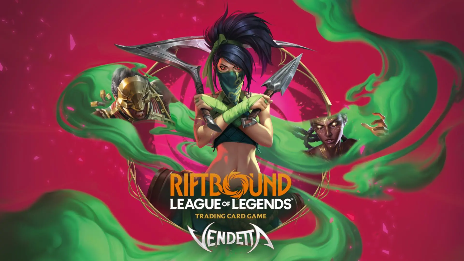 Riftbound Vendetta key art Riftbound Vendetta artwork with Akali holding crossed blades between two other champions