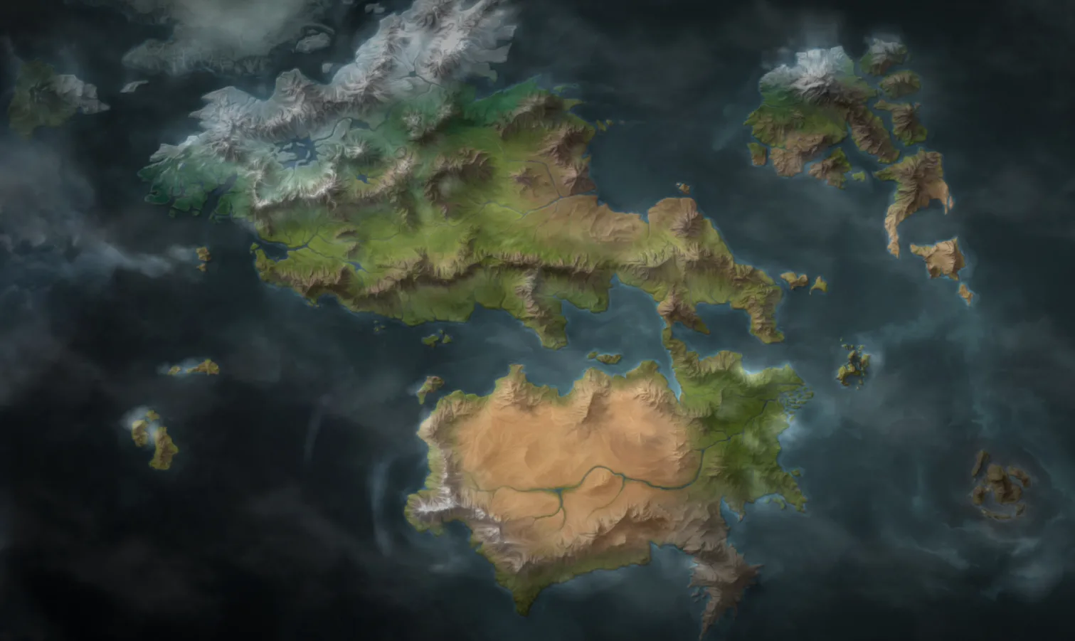 Illustrated map of Runeterra with continents, oceans, mountains, and deserts Illustrated map of Runeterra with continents, oceans, mountains, and deserts