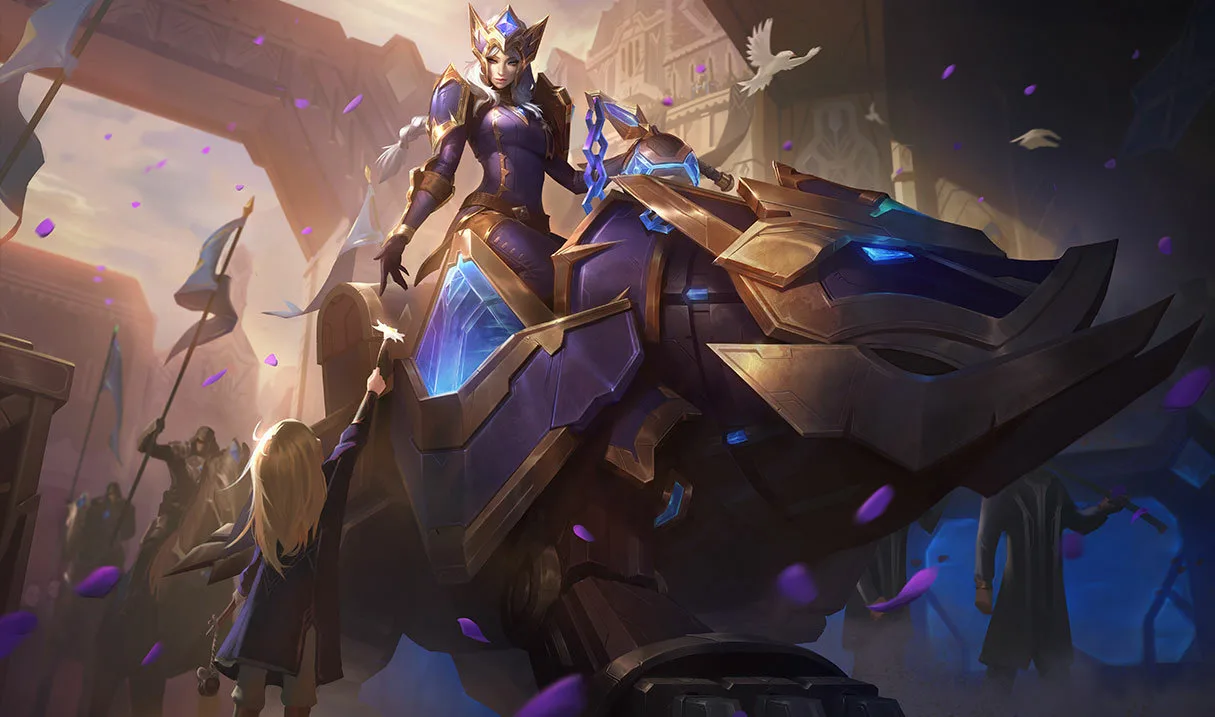 Hextech Sejuani and Bristech Hextech Sejuani riding the enormous crystal-powered mechanical mount Bristech in Piltover