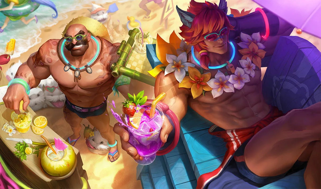 Pool Party Sett splash art showing Sett relaxing at the beach with tropical drinks