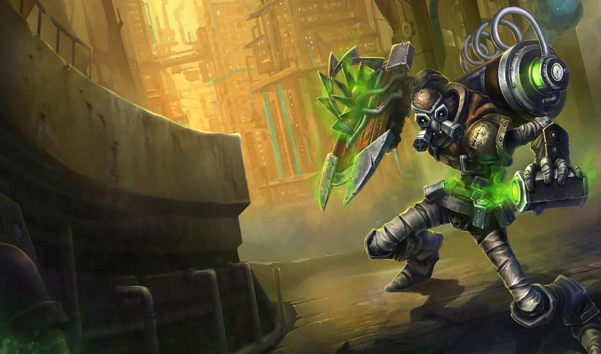 Hextech Singed Hextech Singed splash art showing Singed equipped with industrial machinery and glowing green chemicals