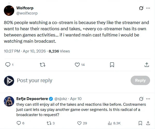 Sjokz’s comment on X responding to Wolfcorp’s post about co-streamers being a positive thing for esports. Sjokz’s comment on X responding to Wolfcorp’s post about co-streamers being a positive thing for esports.