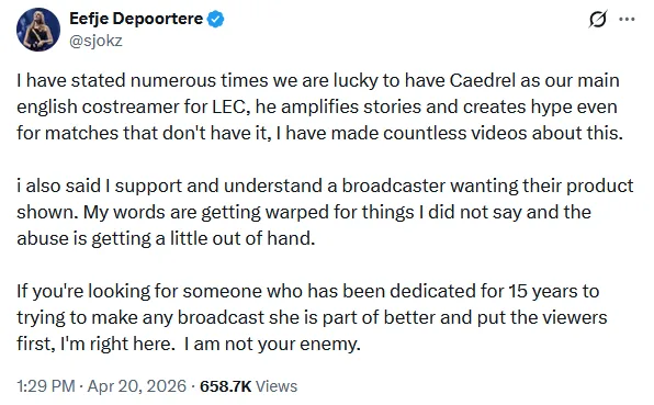 Sjokz’s comment on X about Caedrel as a co-streamer and how people misinterpreted what she said. Sjokz’s comment on X about Caedrel as a co-streamer and how people misinterpreted what she said.