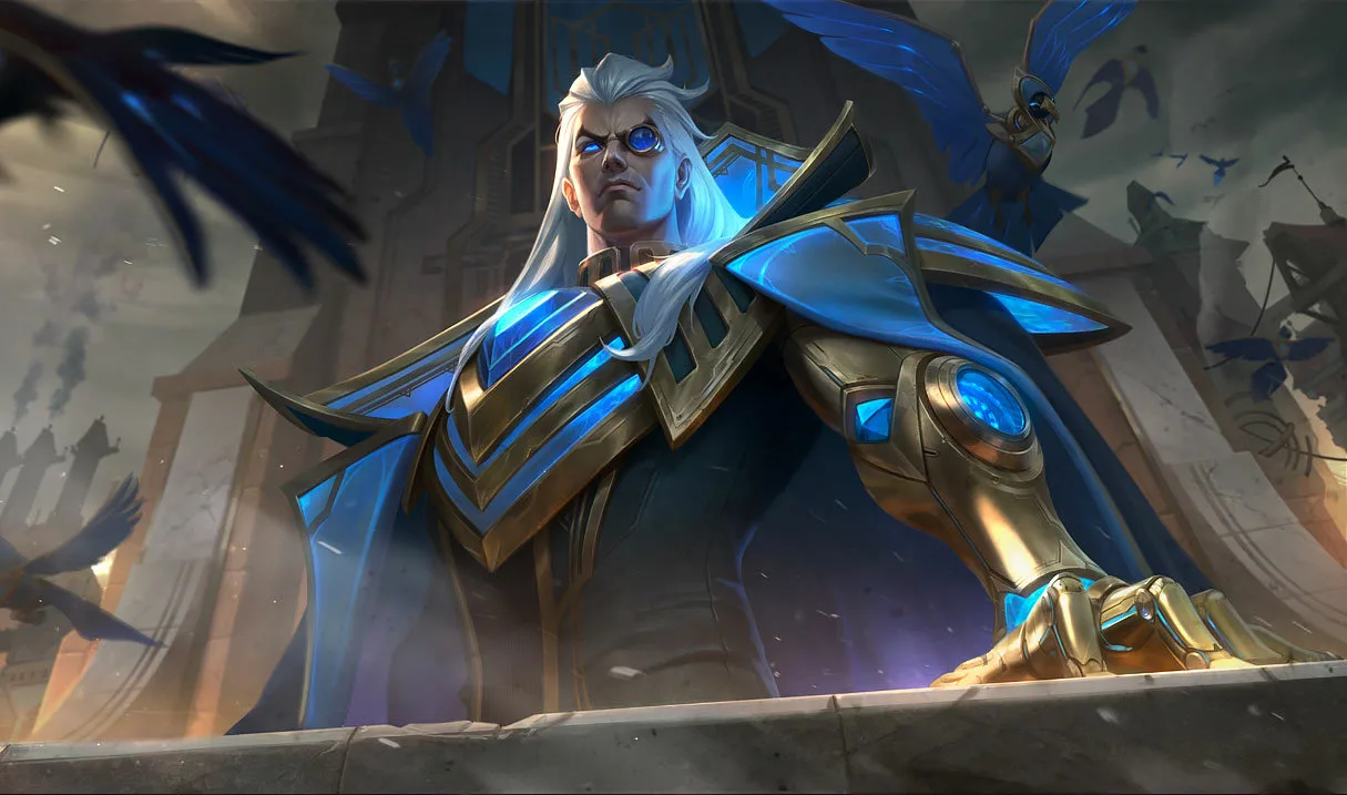 Hextech Swain Hextech Swain splash art showing Swain in sophisticated mechanical armor surrounded by artificial birds