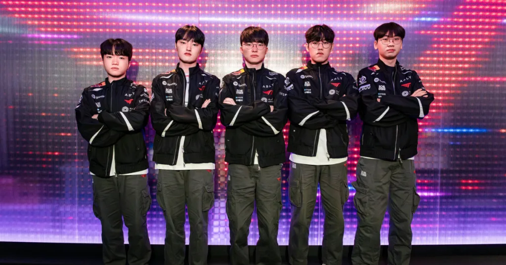 T1 current roster. Doran, Oner, Faker, Gumayusi and Keria posing. T1 current roster. Doran, Oner, Faker, Gumayusi and Keria posing.