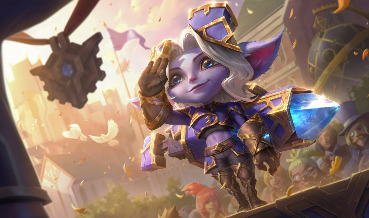 Hextech Tristana Hextech Tristana saluting while carrying the Hexcrystal Cannon Mark III in a Piltover street