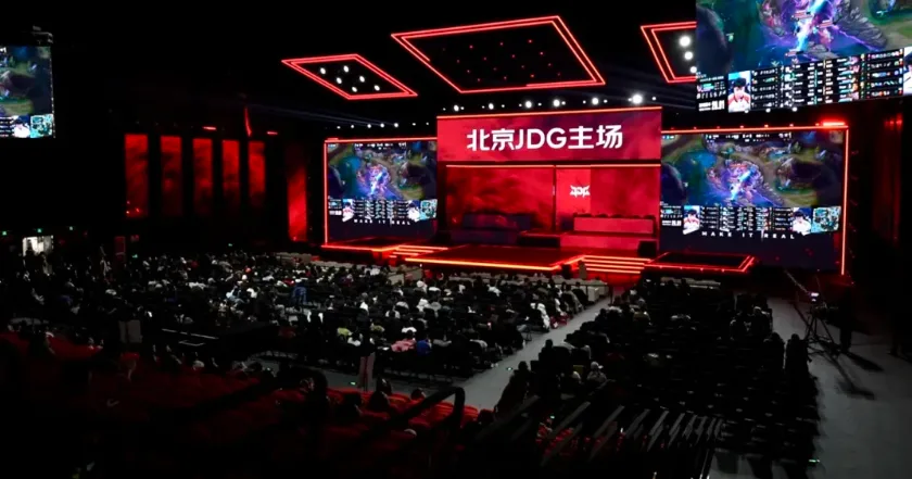 Beijing Smart E-Sports Center interior Interior of the Beijing Smart E-Sports Center showing the JD Gaming League of Legends stage and spectator seating