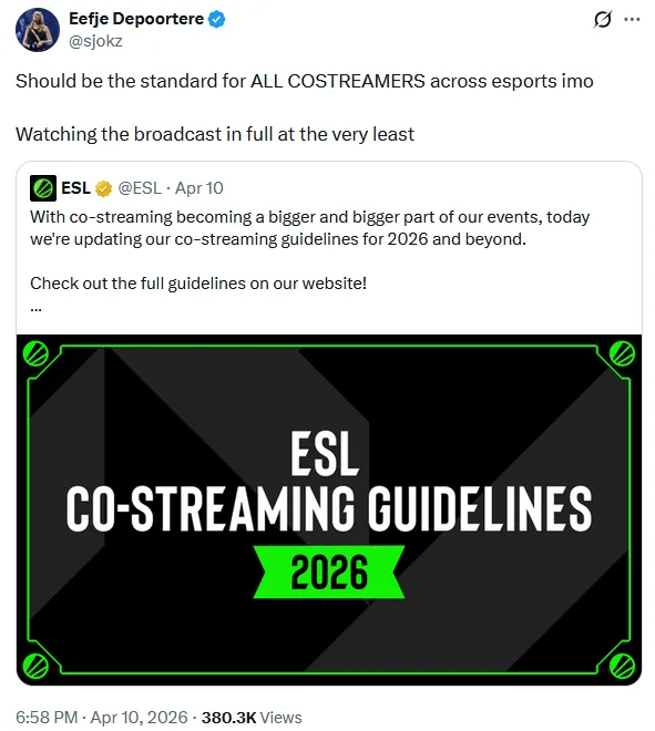 Sjokz's comment on X: "Should be the standard for all costreamers across esports imo. Watching the broadcast in full at the very least" Sjokz's comment on X: "Should be the standard for all costreamers across esports imo. Watching the broadcast in full at the very least"