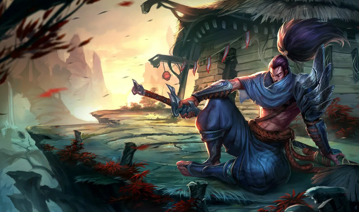 Yasuo drawing his sword in a stormy mountain landscape Yasuo drawing his sword in a stormy mountain landscape
