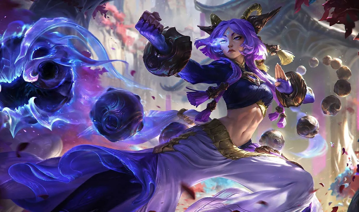 Yunara, the Unbroken Faith official splash art Yunara, the Unbroken Faith, in official League of Legends splash art surrounded by spirit energy and floating prayer beads