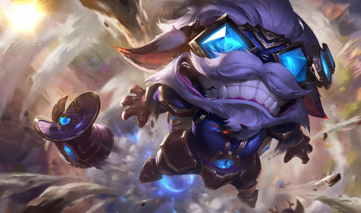 Hextech Ziggs Hextech Ziggs splash art showing the inventor wearing large blue crystal goggles alongside a mechanical companion