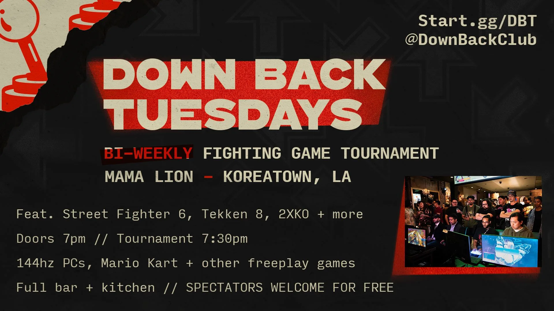 Down Back Tuesdays local spotlight Promotional image for Down Back Tuesdays, the Los Angeles fighting game event featured in the 2XKO post
