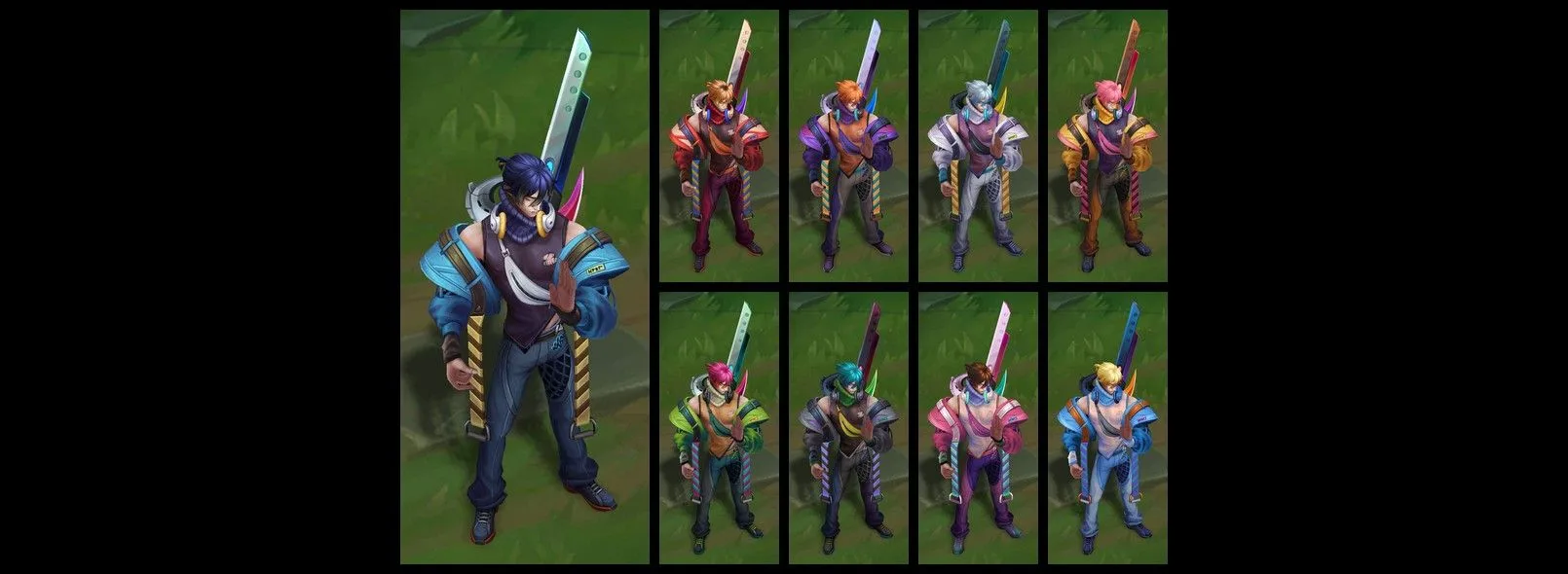 HEARTSTEEL Live My Life Aphelios chromas HEARTSTEEL Live My Life Aphelios chroma gallery showing eight alternate jacket and guitar color combinations