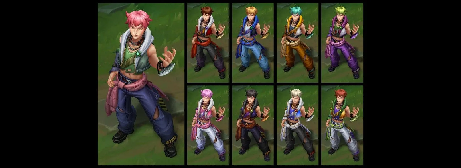 HEARTSTEEL Live My Life Ezreal chromas HEARTSTEEL Live My Life Ezreal chroma gallery showing eight alternate hair colors and streetwear outfits
