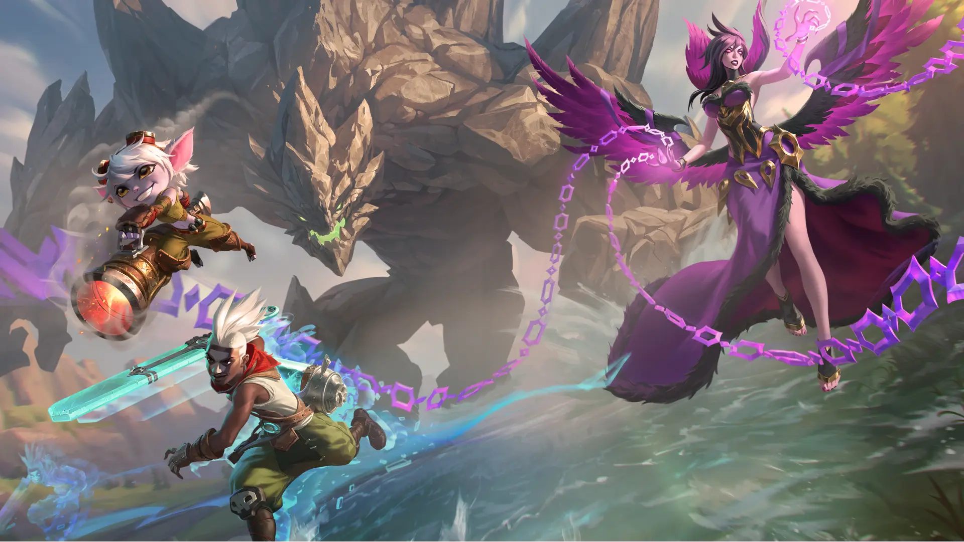 League champions battling a stone creature in river terrain League champions battling a stone creature in river terrain