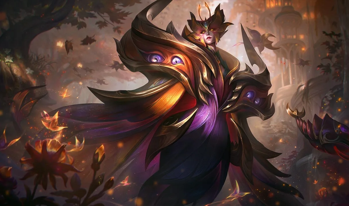 Faerie Court Bel’Veth artwork Faerie Court Bel’Veth standing in an autumn landscape with a golden mask and dark moth-like wings