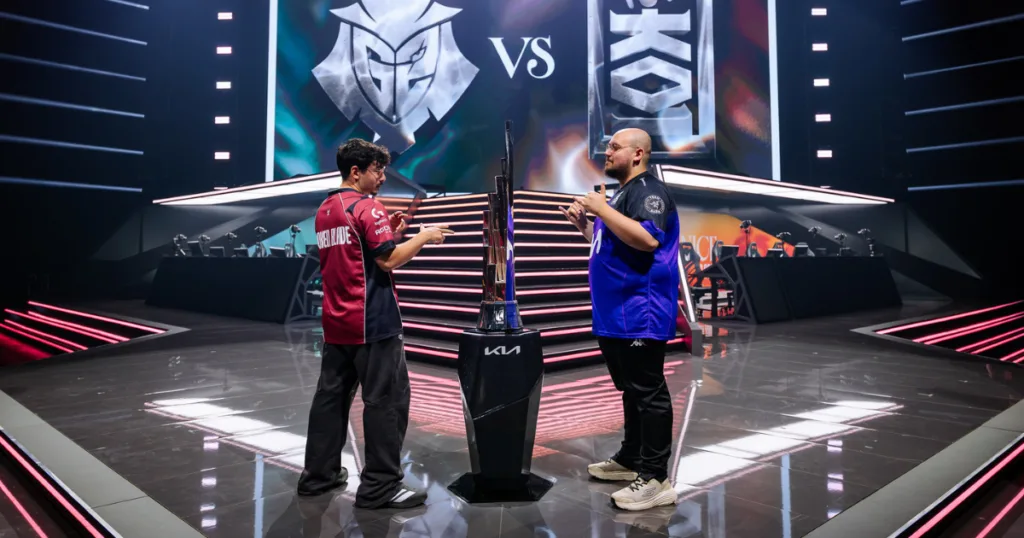 BrokenBlade and Myrwn posing in front of the trophy at the LEC Summer Finals 2026. BrokenBlade and Myrwn posing in front of the trophy at the LEC Summer Finals 2026.
