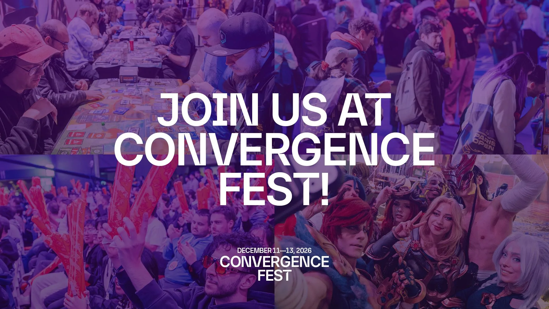 Join us at Convergence Fest Convergence Fest collage showing Riftbound play tables, audience members, and cosplay at a Riot strategy game event