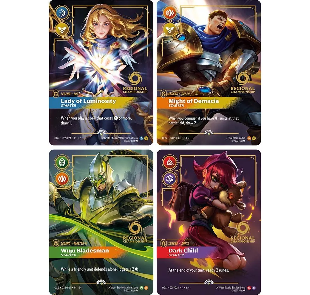 Regional Championship Best-Of Legends Riftbound Regional Championship Best-Of artwork for Lux Lady of Luminosity, Garen Might of Demacia, Master Yi Wuju Bladesman and Annie Dark Child