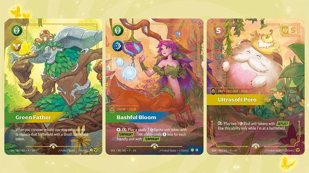 Secret Garden alternate art cards Alternate art Ivern Green Father, Lillia Bashful Bloom and Ultrasoft Poro cards from Riftbound Secret Garden