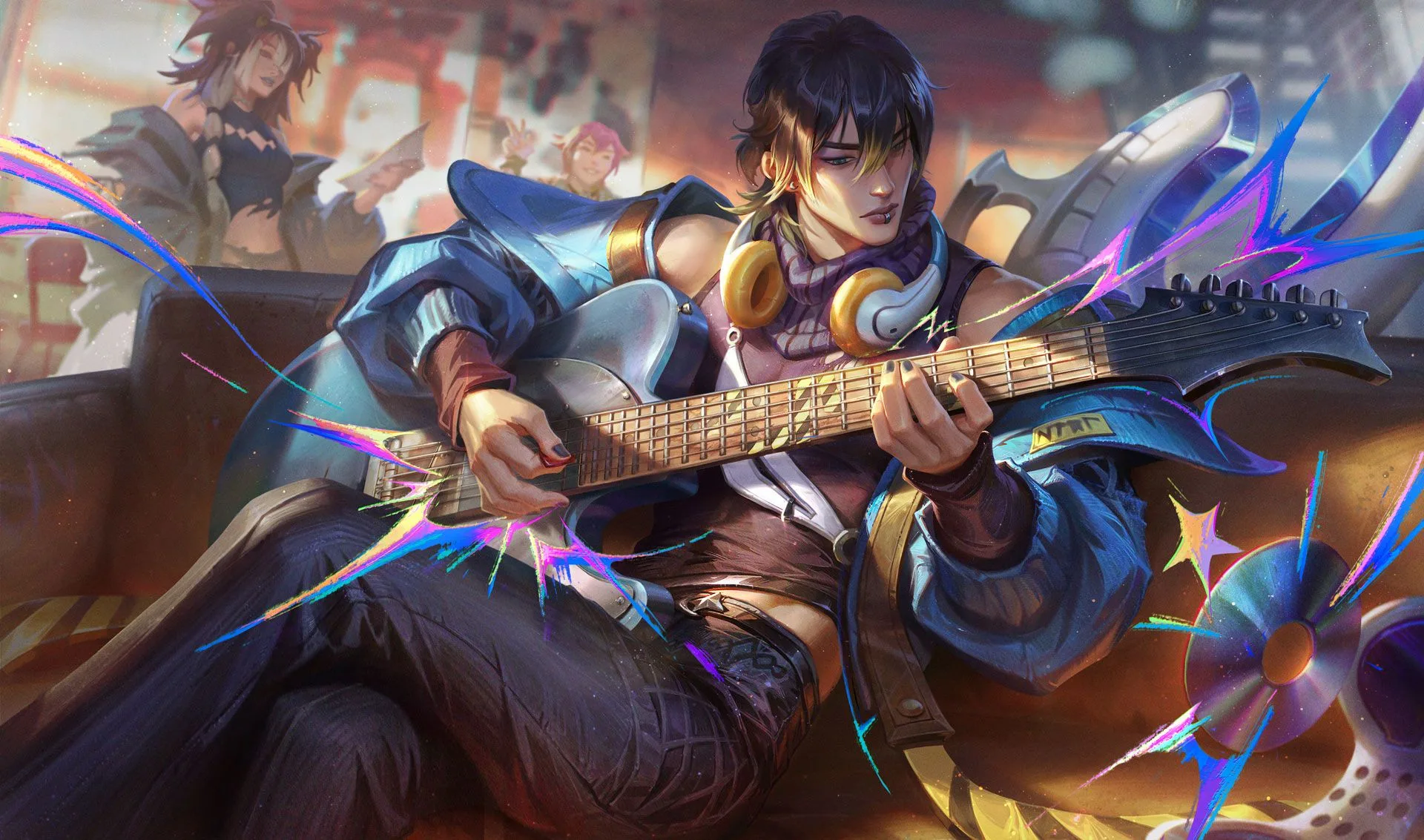 HEARTSTEEL Live My Life Aphelios HEARTSTEEL Live My Life Aphelios splash art showing Aphelios playing an electric guitar with headphones around his neck